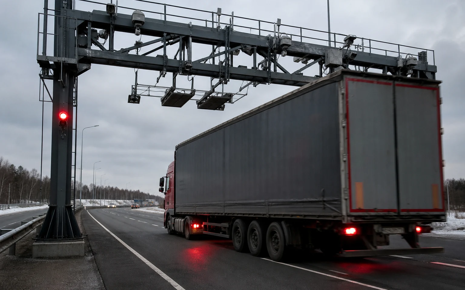 Грузовой автомобиль проходит под рамкой автоматического весогабаритного контроля