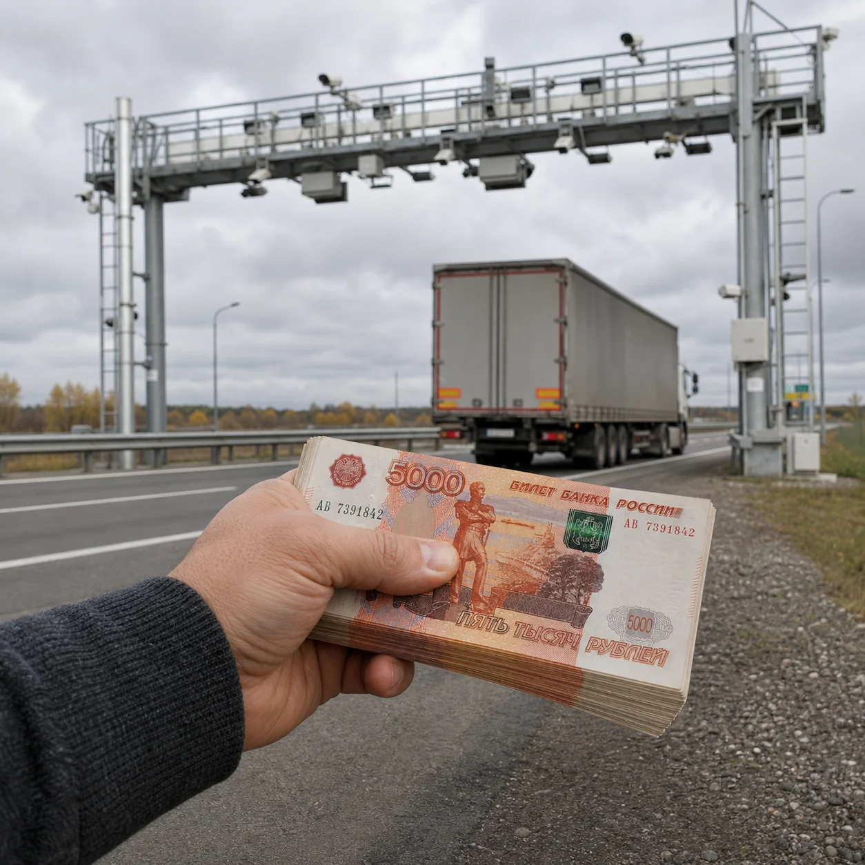 Грузовик проходит рамку весогабаритного контроля, в руке — пачка купюр
